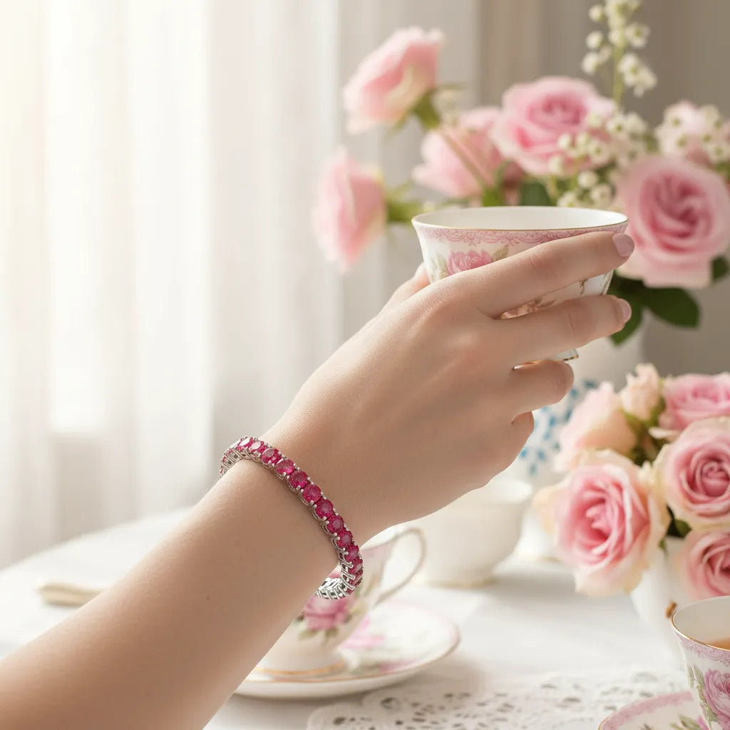 Rundes (4 mm) Tennisarmband mit laborgeprüftem rosarotem Rubin, 18 Karat Weißgold-Vermeil