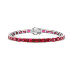 Bracelet de tennis en vermeil d'or blanc 18 carats avec rubis rose rouge de laboratoire taille émeraude