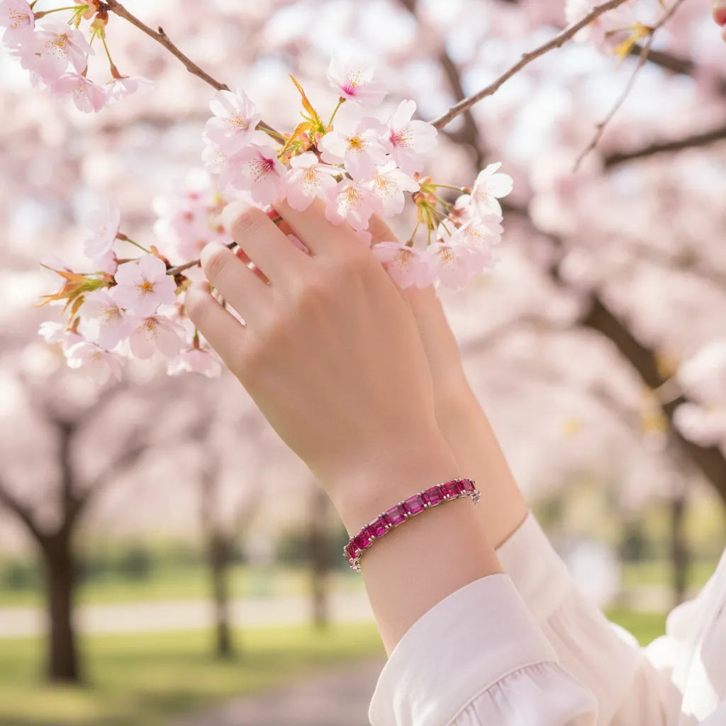 Bracelet de tennis en vermeil d'or blanc 18 carats avec rubis rose rouge de laboratoire taille émeraude