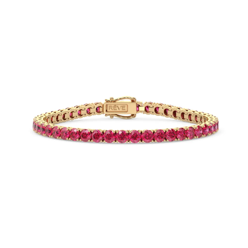 Bracelet de tennis en vermeil d'or jaune 18 carats, orné d'un rubis rose rouge de laboratoire rond de 14,7 ct.