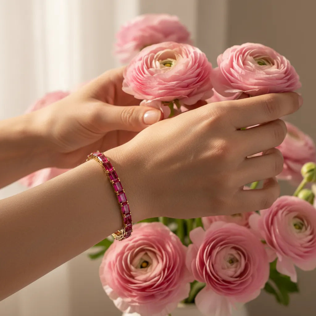 Tennisarmband mit smaragdgeschliffenem (6x4mm) laborgeprüftem rosarotem Rubin in 18K Gelbgold-Vermeil