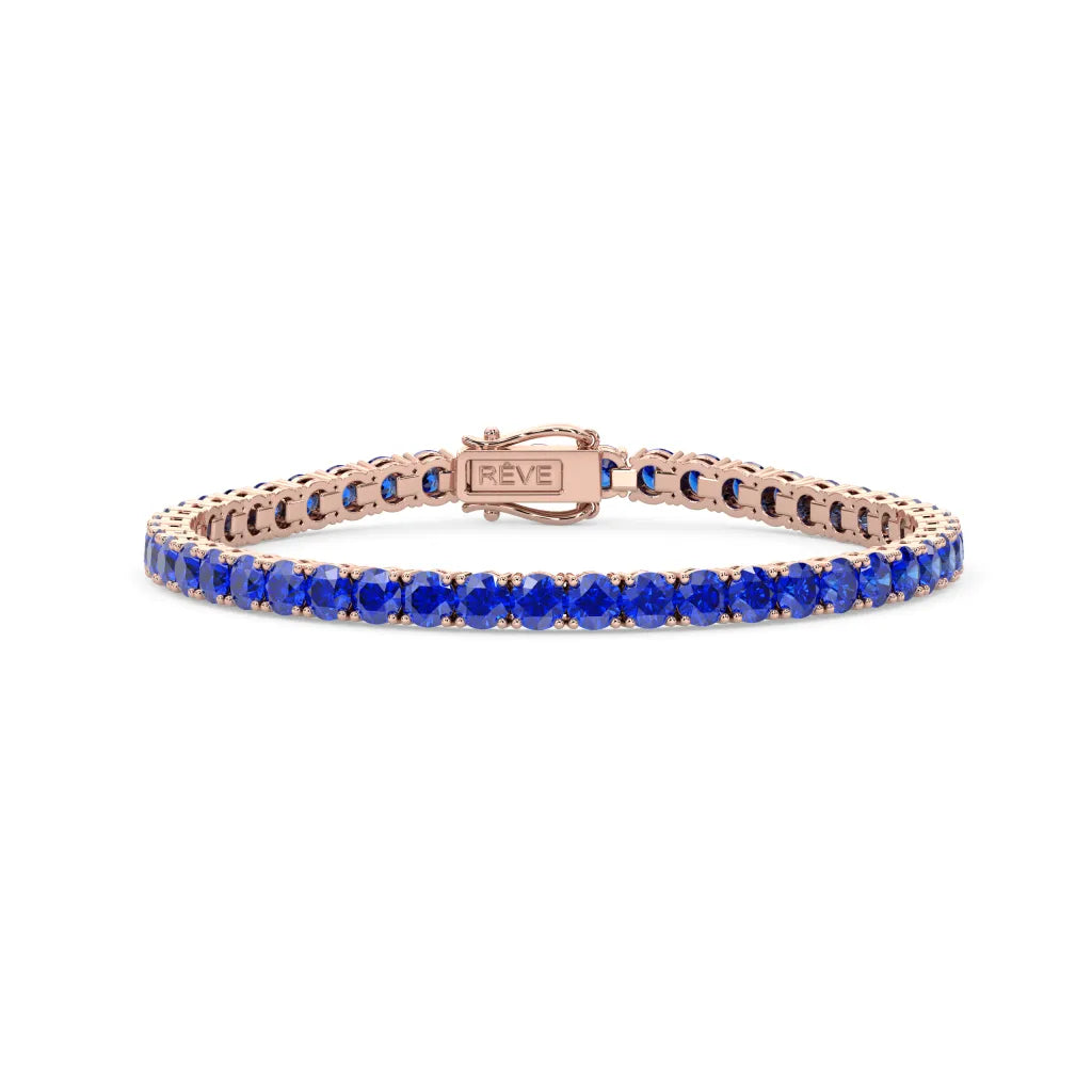 Bracelet de tennis en vermeil or rose 18 carats avec saphir bleu royal de laboratoire rond de 11,6 ct