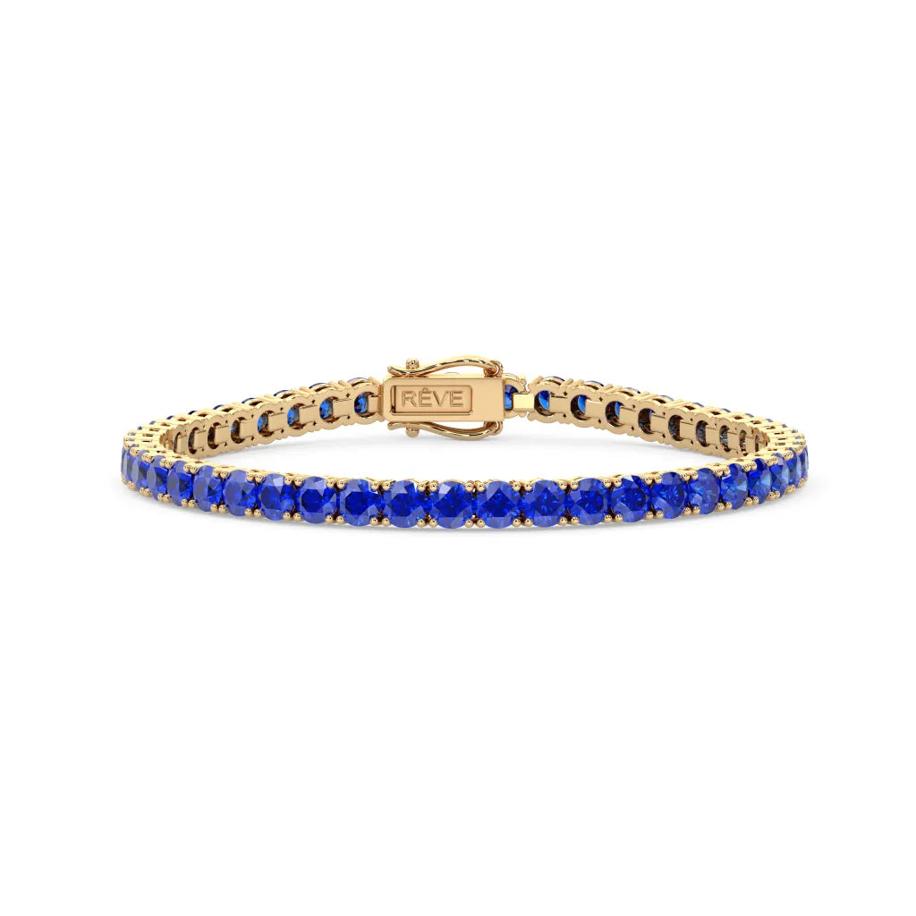 Bracelet de tennis en vermeil d'or jaune 18 carats serti d'un saphir bleu royal de laboratoire rond de 11,6 ct