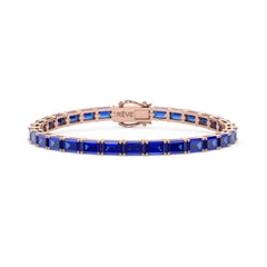 Tennisarmband mit smaragdgeschliffenem (6x4mm) königsblauem Laborsaphir in 18K Roségold-Vermeil