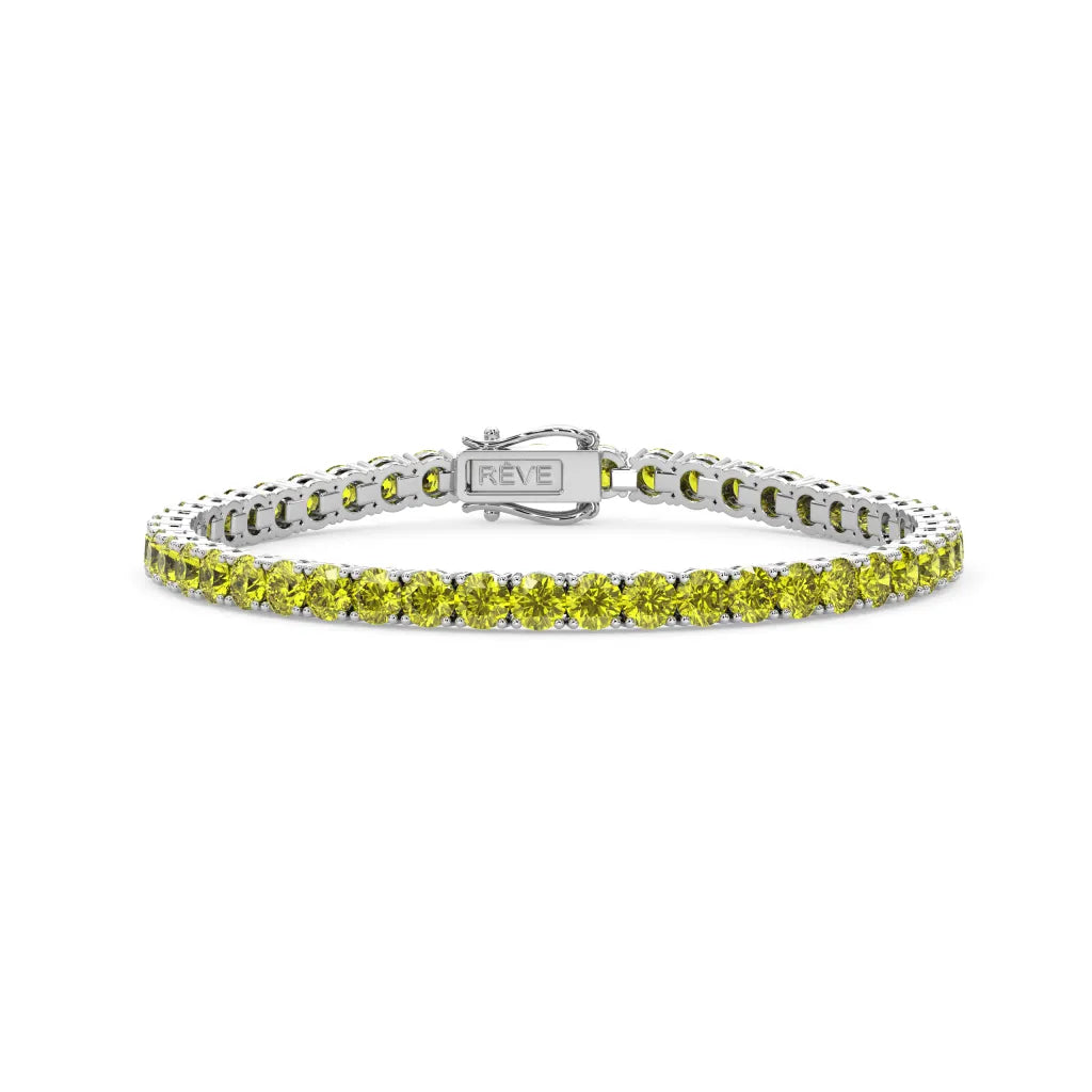 Bracelet de tennis en vermeil d'or blanc 18 carats serti d'un saphir jaune de laboratoire rond de 11,6 ct
