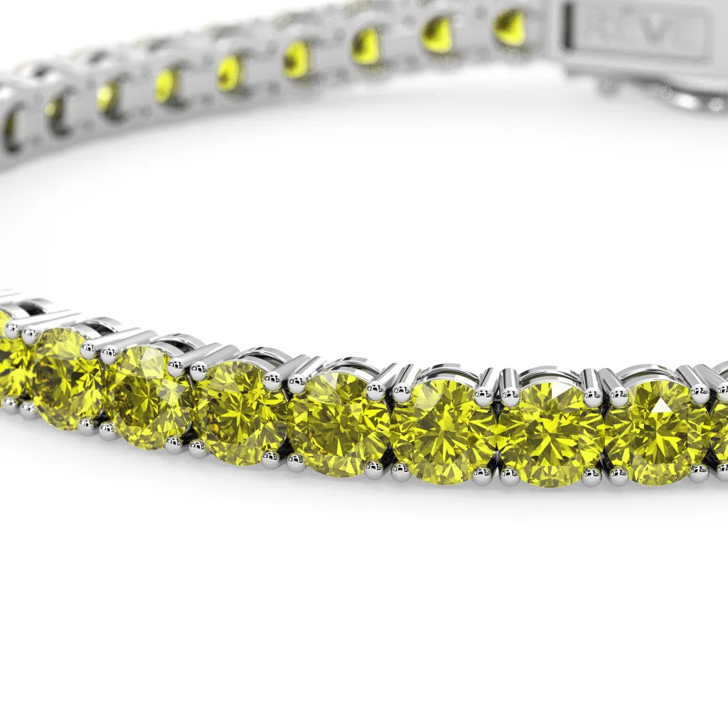 Bracelet de tennis en vermeil d'or blanc 18 carats serti d'un saphir jaune de laboratoire rond de 11,6 ct