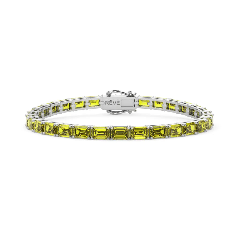 Bracelet de tennis en vermeil d'or blanc 18 carats et saphir jaune de laboratoire taille émeraude