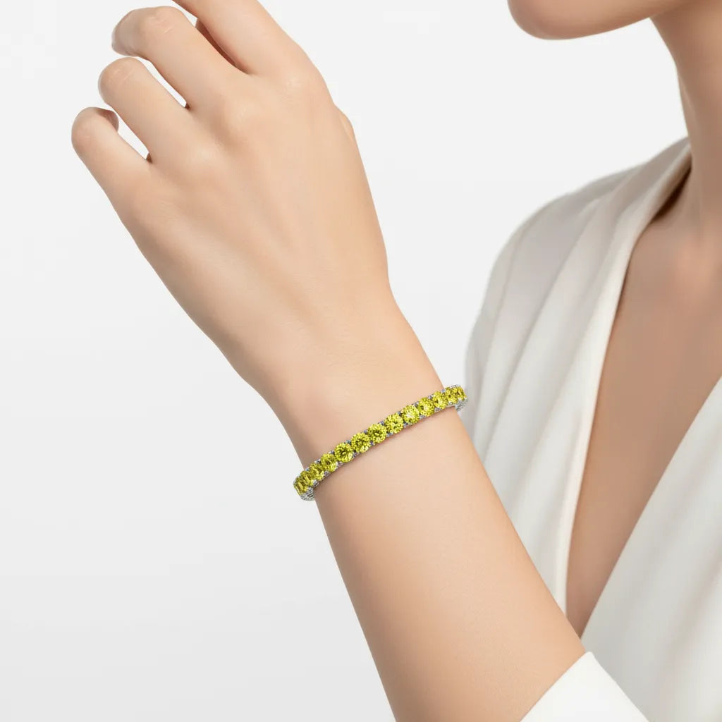 Bracelet de tennis en vermeil d'or blanc 18 carats serti d'un saphir jaune de laboratoire rond de 11,6 ct