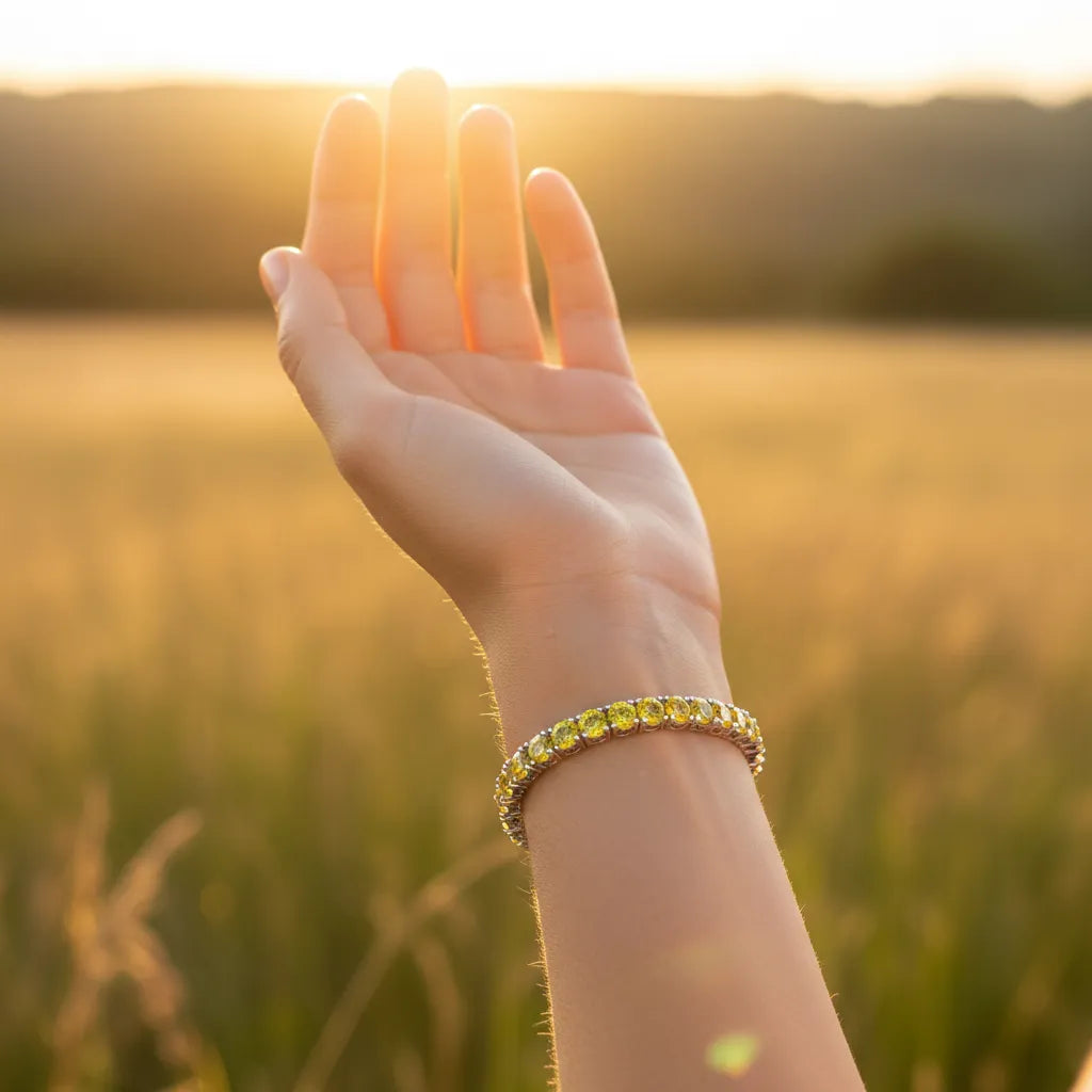 Bracelet de tennis en vermeil d'or blanc 18 carats serti d'un saphir jaune de laboratoire rond de 11,6 ct