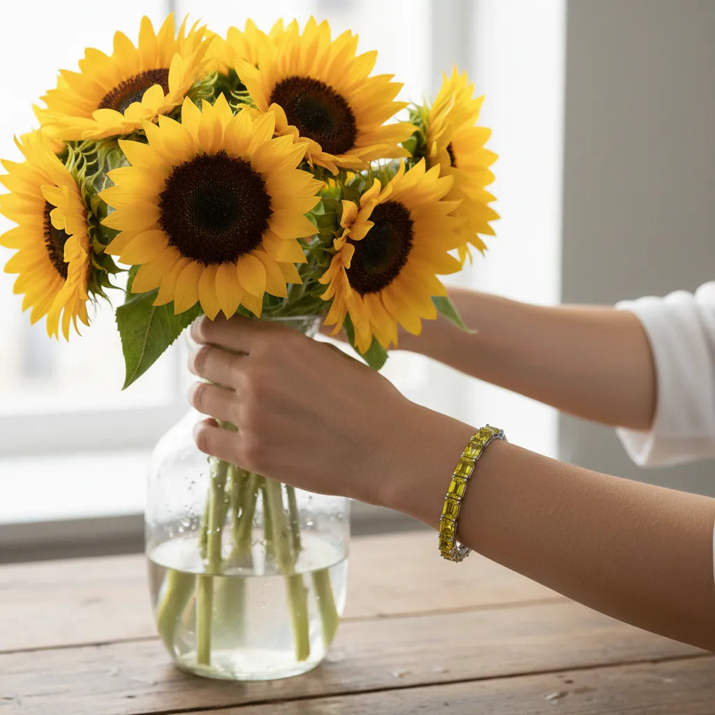 Bracelet de tennis en vermeil d'or blanc 18 carats et saphir jaune de laboratoire taille émeraude