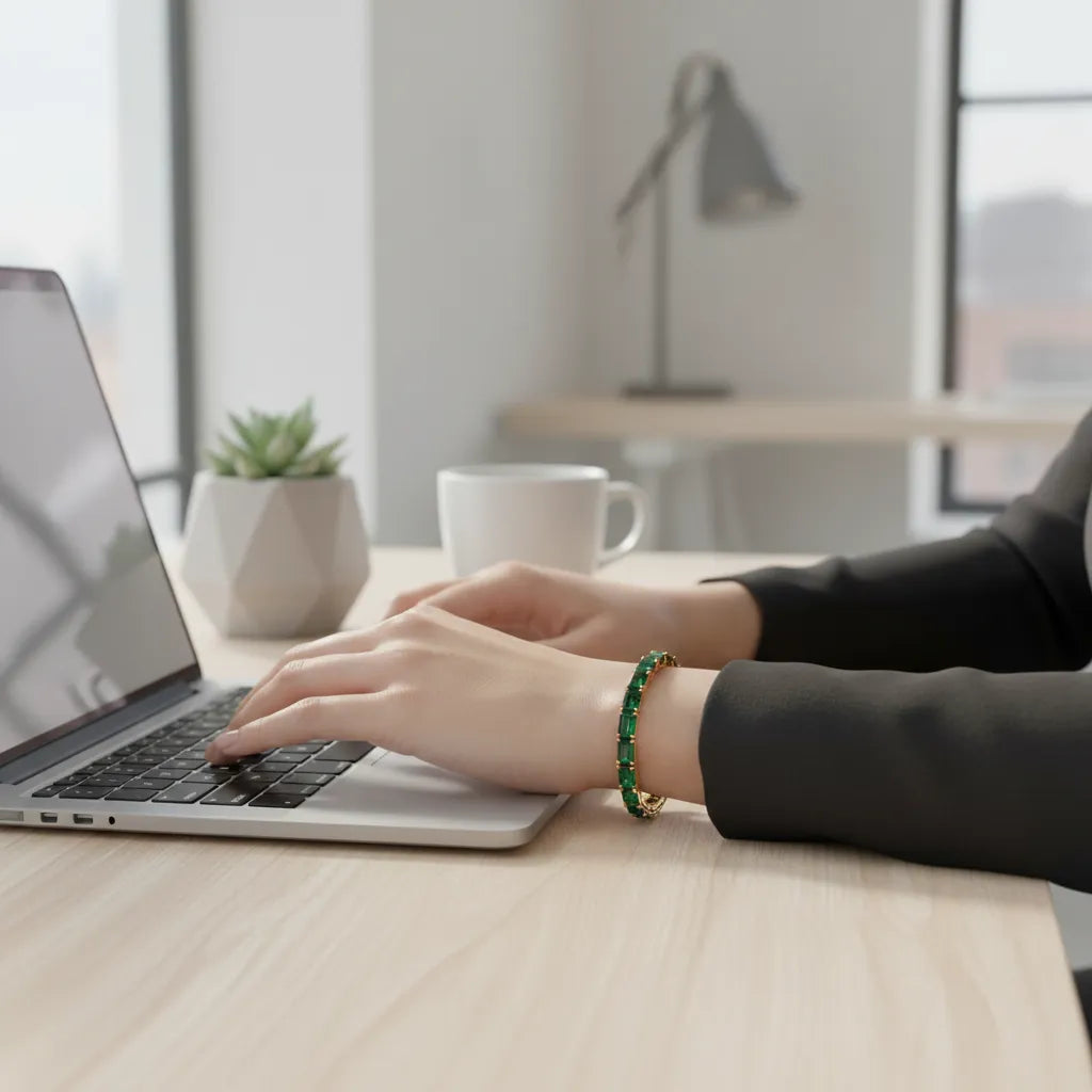 Tennisarmband mit smaragdgeschliffenem (6x4mm) sambischem Laborsmaragd in 18K Gelbgold-Vermeil