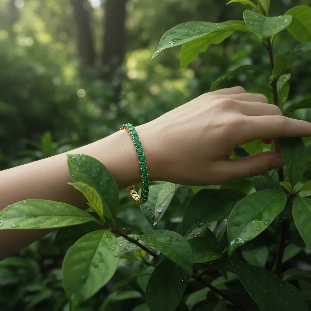 Bracelet de tennis en vermeil d'or jaune 18 carats serti d'une émeraude de Zambie ronde de laboratoire de 9,2 carats