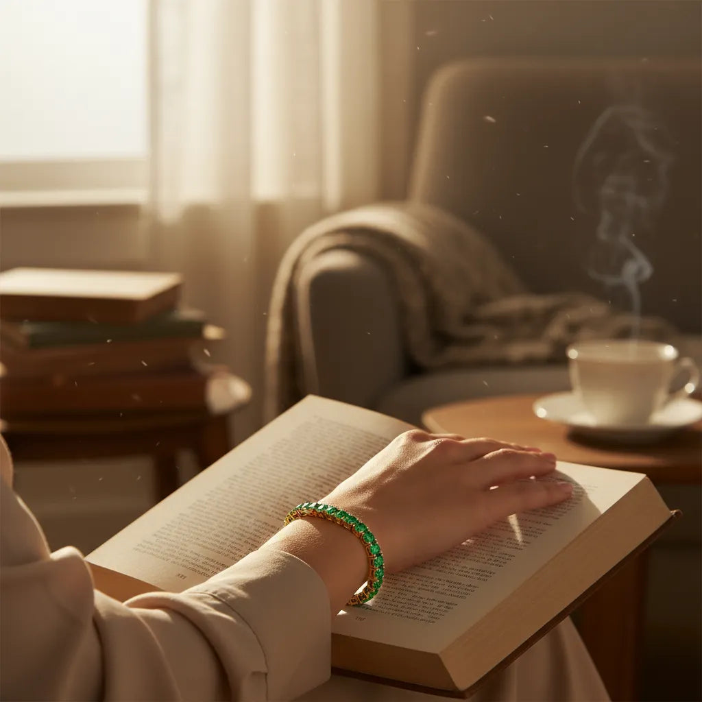 Rundes (4 mm) Tennisarmband mit kolumbianischem Labor-Smaragd, 18 Karat Gelbgold-Vermeil