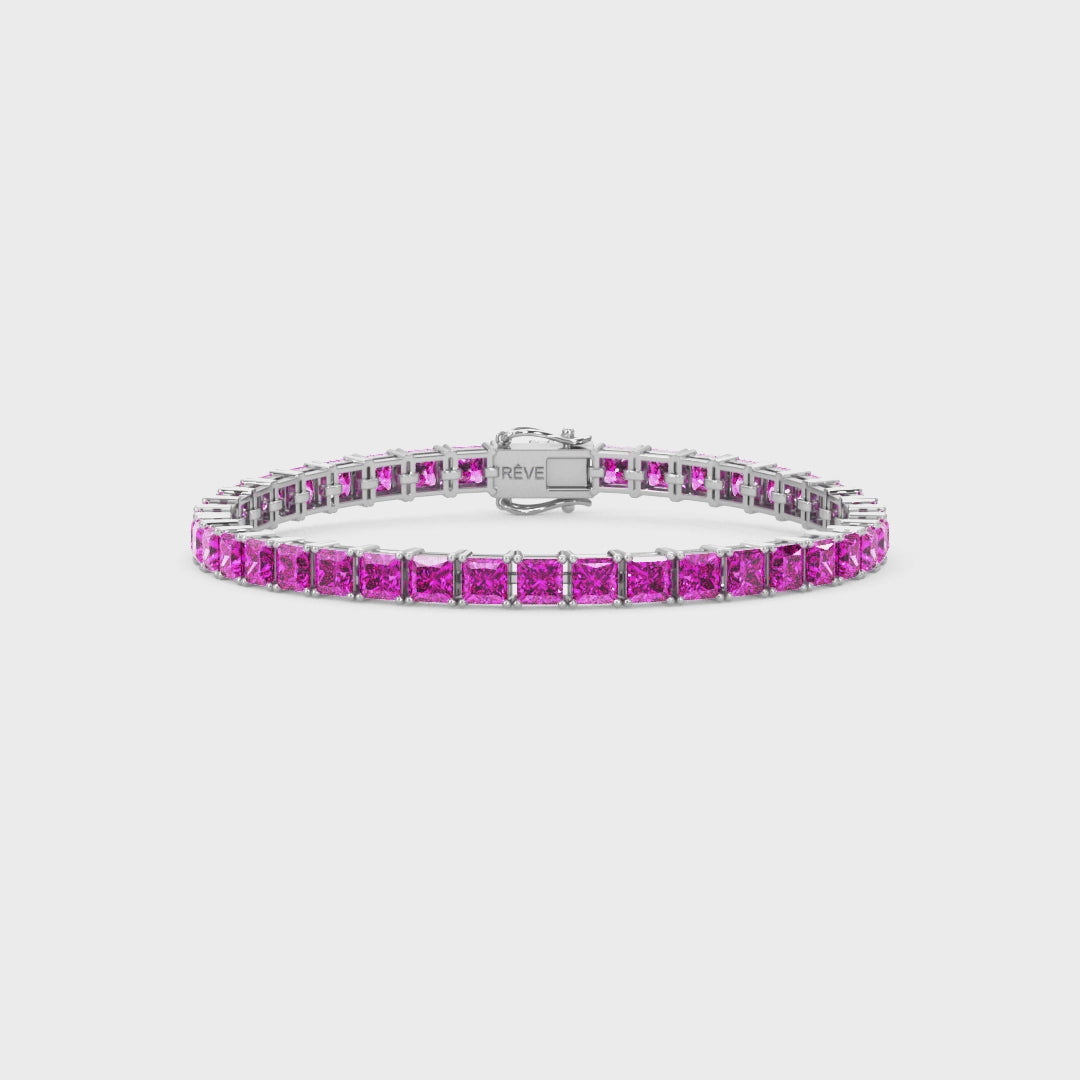 Bracelet de tennis Princess Lab en saphir rose et vermeil en or blanc 18 carats