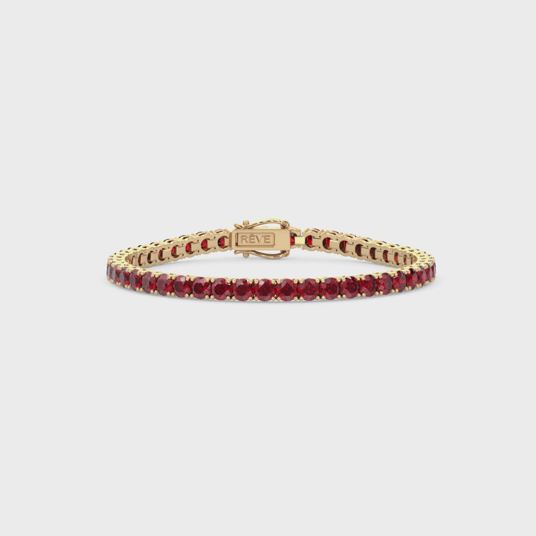 Bracelet de tennis en vermeil d'or jaune 18 carats serti d'un rubis rond de laboratoire couleur sang de pigeon de 14,7 ct.