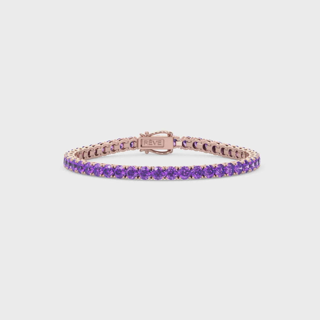 Rundes (4 mm) violettes Laborsaphir-Tennisarmband aus 18-karätigem Roségold-Vermeil