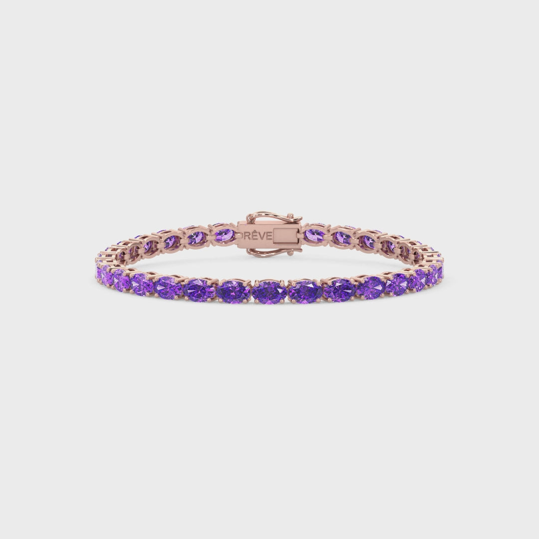 Bracelet de tennis ovale en saphir violet de laboratoire, monté sur vermeil en or rose 18 carats