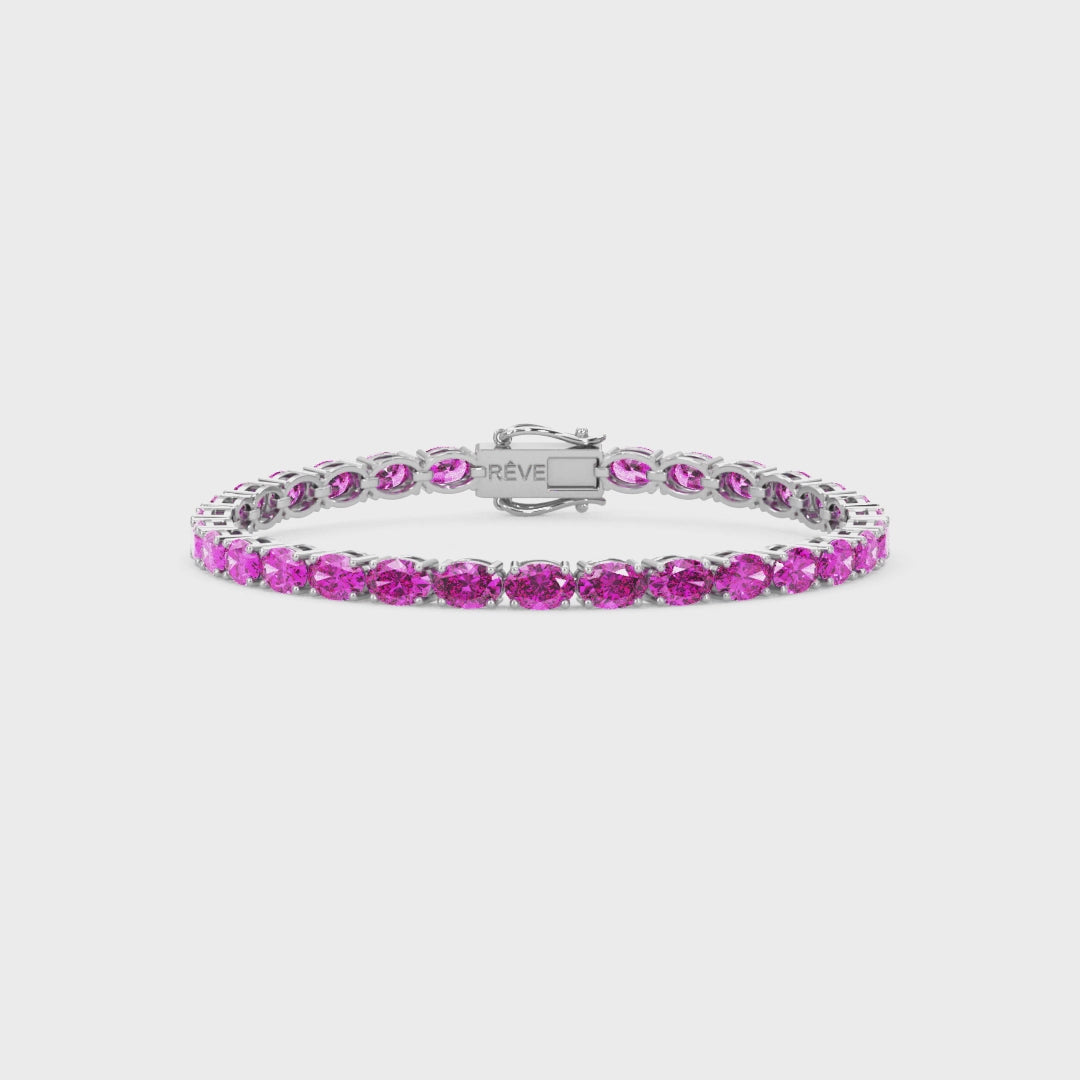 Bracelet de tennis ovale en saphir rose de laboratoire, monté sur vermeil en or blanc 18 carats