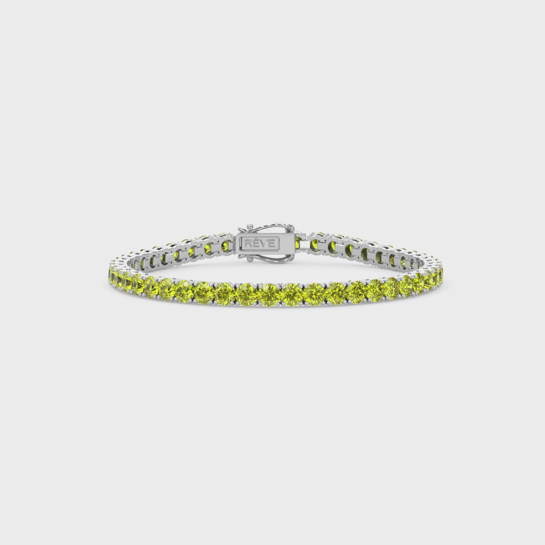Bracelet de tennis en vermeil d'or blanc 18 carats serti d'un saphir jaune de laboratoire rond de 11,6 ct