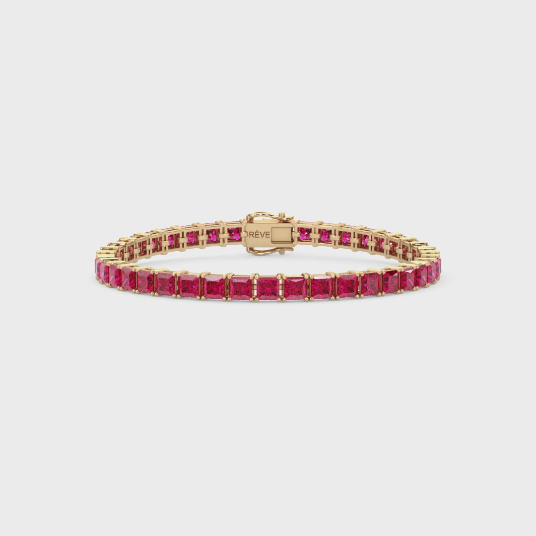 Bracelet de tennis Princess Lab Rose Red Ruby en vermeil d'or jaune 18 carats