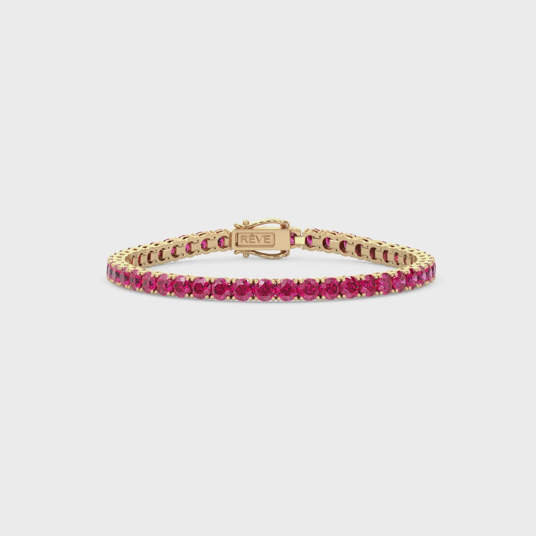 Bracelet de tennis en vermeil d'or jaune 18 carats, orné d'un rubis rose rouge de laboratoire rond de 14,7 ct.