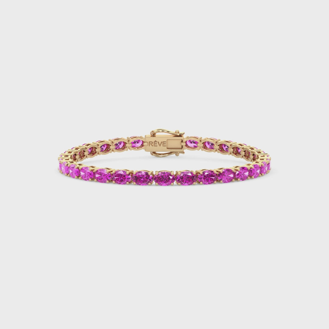Bracelet de tennis ovale en saphir rose de laboratoire, monté sur vermeil en or jaune 18 carats