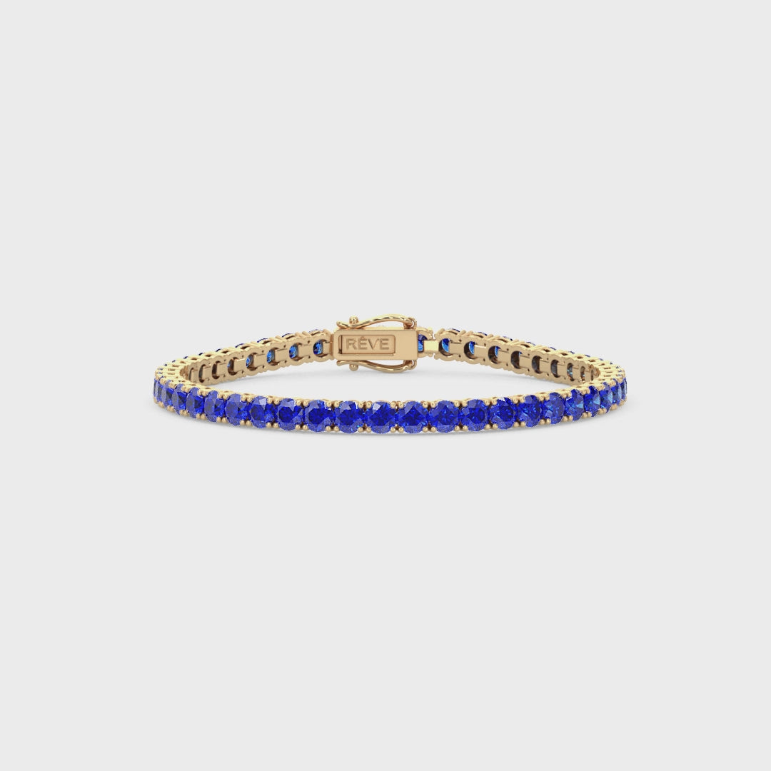 Bracelet de tennis en vermeil d'or jaune 18 carats serti d'un saphir bleu royal de laboratoire rond de 11,6 ct