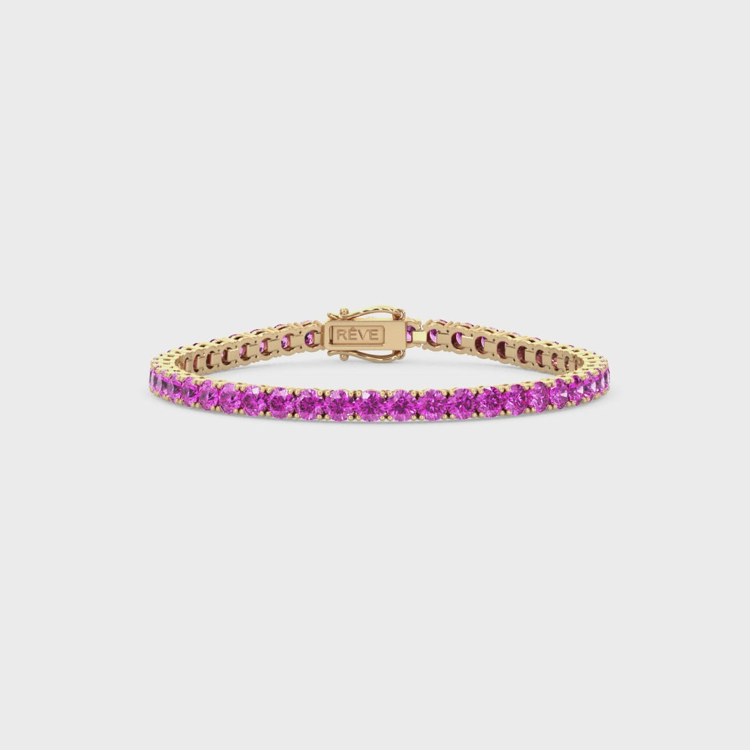 Bracelet de tennis en vermeil d'or jaune 18 carats avec saphir rose de laboratoire rond de 11,6 ct