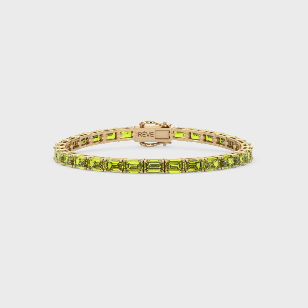Bracelet de tennis en vermeil d'or jaune 18 carats et saphir jaune de laboratoire taille émeraude
