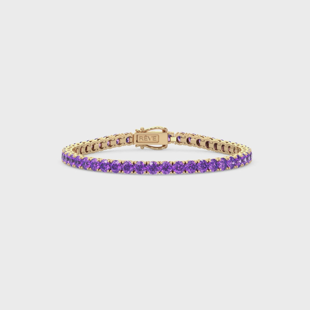 Bracelet de tennis en vermeil d'or jaune 18 carats avec saphir violet de laboratoire rond de 11,6 ct
