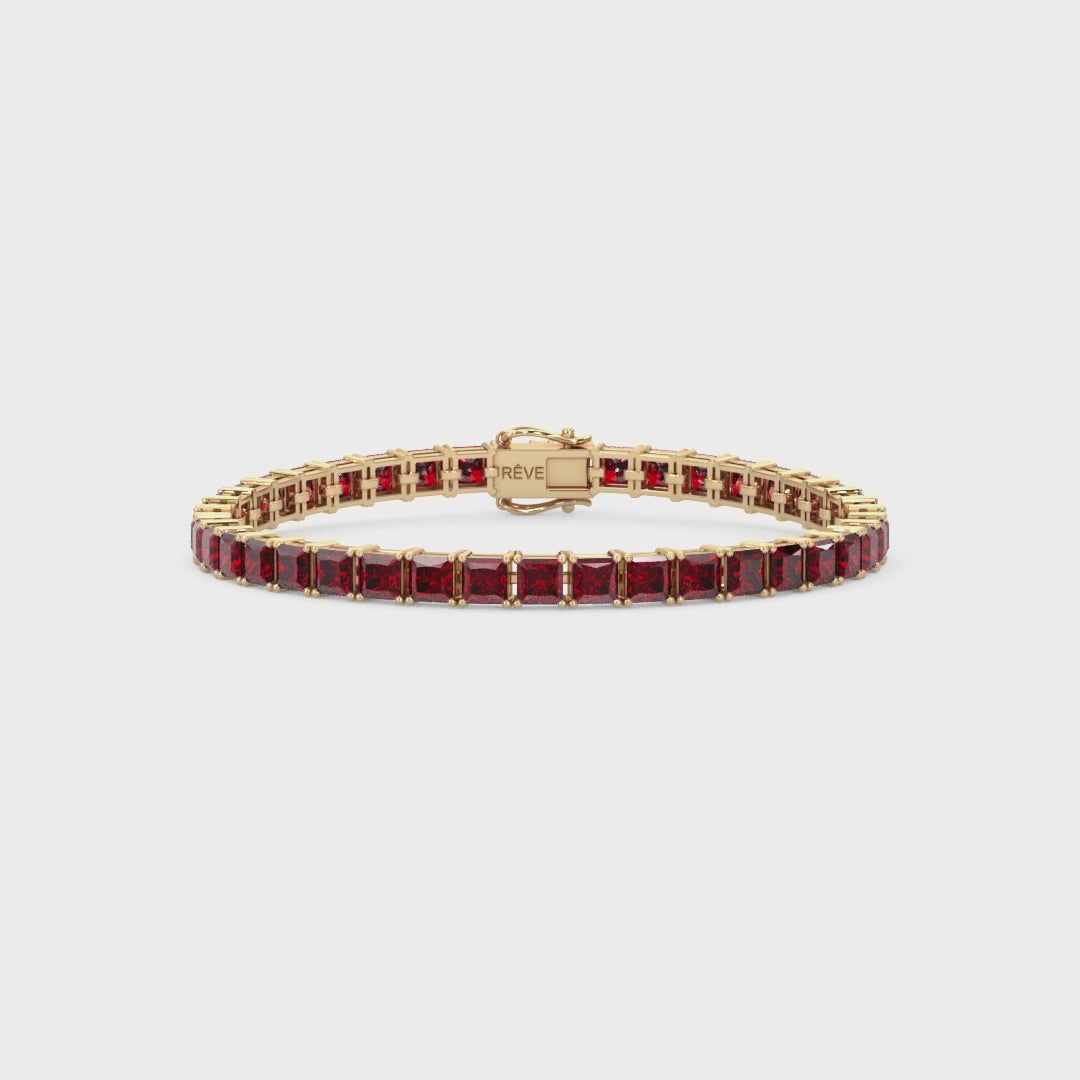 Bracelet de tennis Princess Lab en vermeil d'or jaune 18 carats orné d'un rubis sang de pigeon